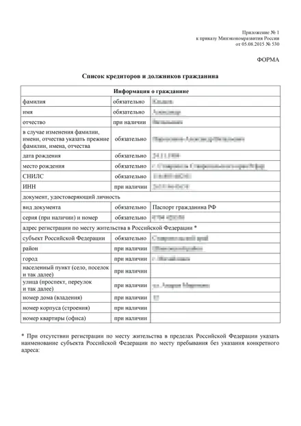 Первая страница: Список кредиторов