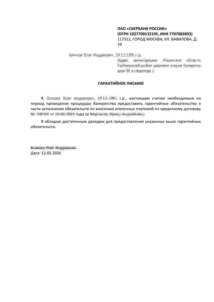 Первая страница: Гарантийное письмо от имени гаранта
